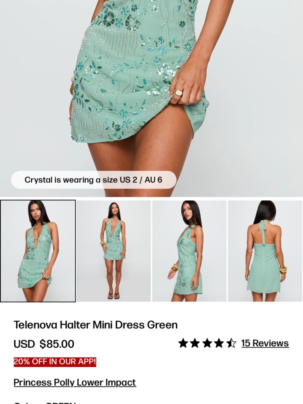 NWT Princess Polly Telenova Halter Mini Dress Green - Picture 8 of 16